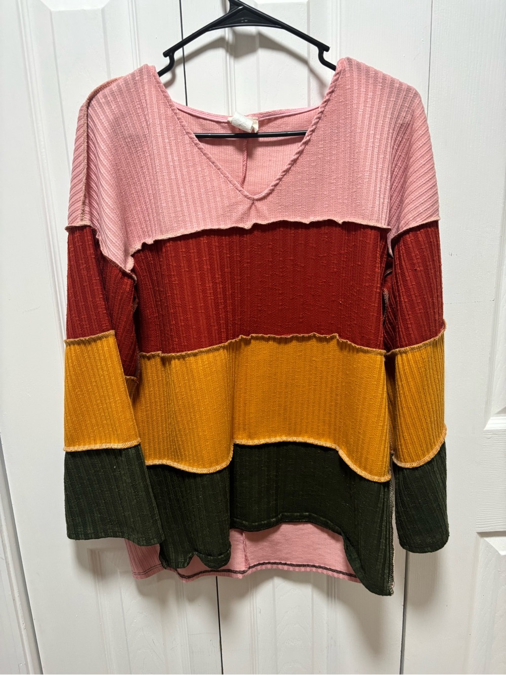 BiBi Colorblock Ribbed V-Neck Long Sleeve Top in Pink, Red, Yellow, and Green
